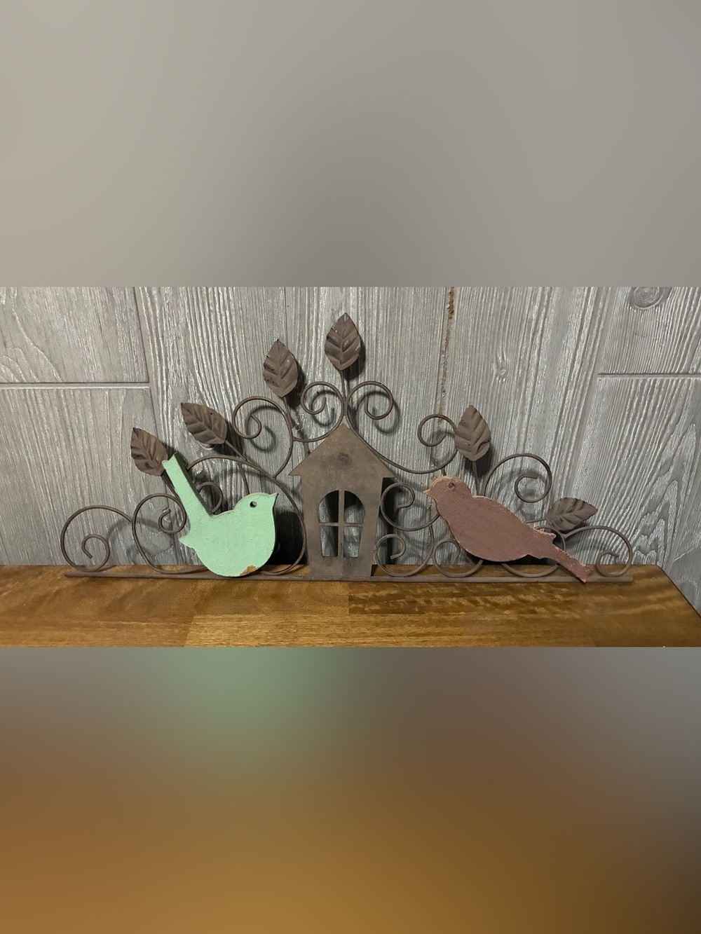Decorative Metal Bird and Birdhouse Wall Accent in Mint Green and Brown